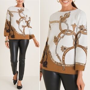 Chico's White and Brown Crew Neck Sweater